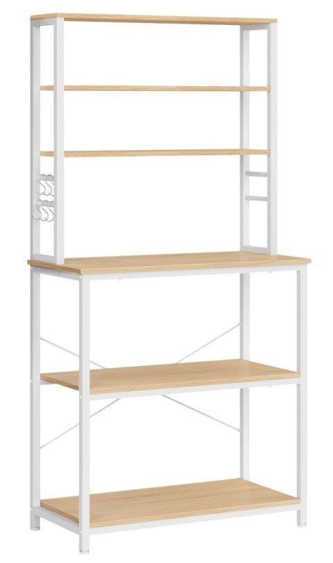 Solidny regał kuchenny dębowo-biały Praktyczny wielopoziomowy regał kuchenny z 6 półkami i 6 haczykami, wykonany ze stalowej kon