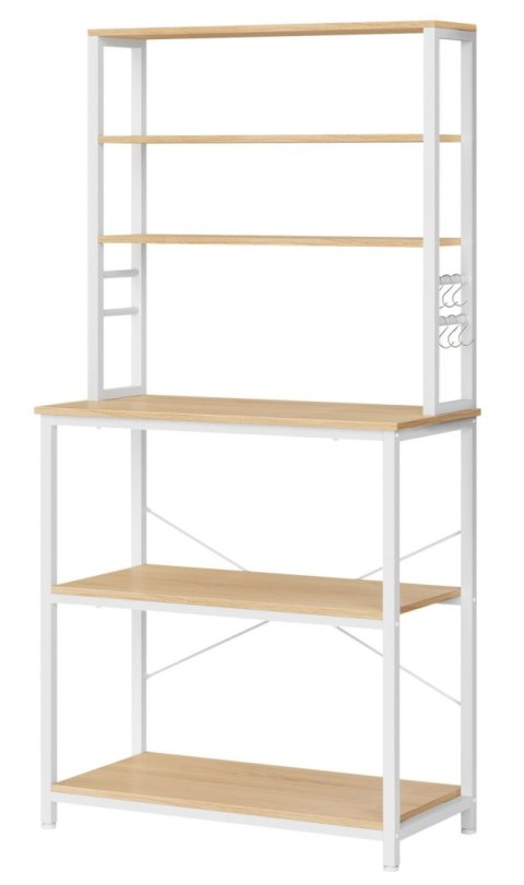 Solidny regał kuchenny dębowo-biały Praktyczny wielopoziomowy regał kuchenny z 6 półkami i 6 haczykami, wykonany ze stalowej kon