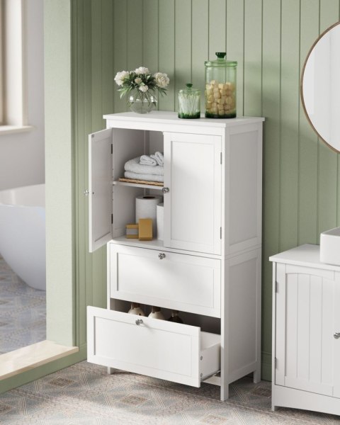 Szafka łazienkowa stojąca klasyczna biel Szafka łazienkowa wyposażona w 2 szuflady i 2 drzwiami, z możliwością regulacji półek w