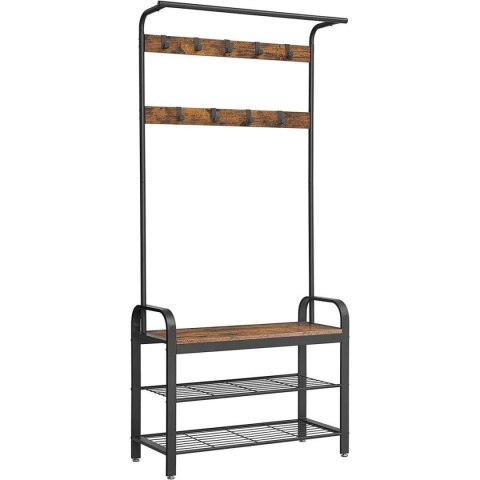 Szeroki wieszak na ubrania z półkami na buty