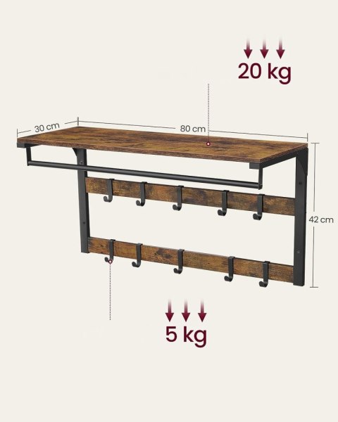 Wieszak na ubrania półka ścienna LOFT Rustykalny ścienny wieszak na ubrania z 10 haczykami, metalowym drążkiem oraz wytrzymałą p