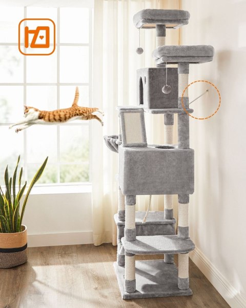 Praktyczny wysoki solidny drapak 206 cm Duży stabilny drapak wieża wykonany z płyty MDF z 2 podwyższonymi platformami, 2 jaskini