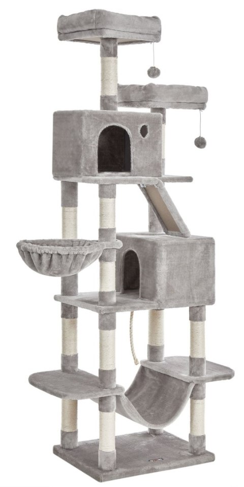 Praktyczny wysoki solidny drapak 206 cm Duży stabilny drapak wieża wykonany z płyty MDF z 2 podwyższonymi platformami, 2 jaskini