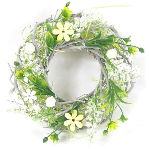 WIANEK STROIK DEKORACYJNY BIAŁO ZIELONY Z RÓŻYCZKAMI ŚREDNICA 24CM