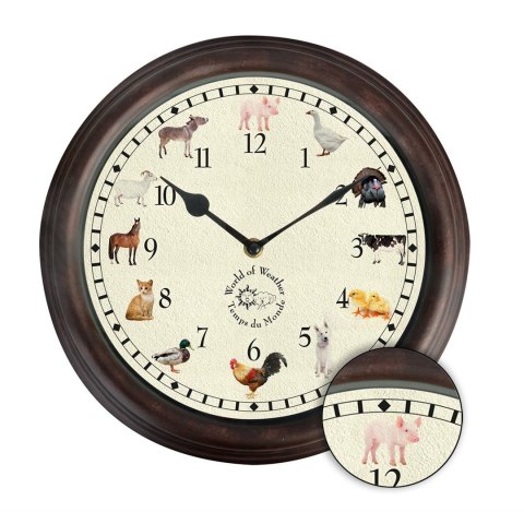 Zegar ścienny z dźwiękami zwierząt Ścienny, okrągły zegar z odgłosami różnych zwierząt gospodarskich, co godzinę dźwięk innego z