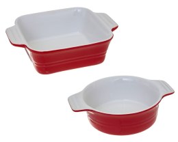 Naczynia do zapiekania czerwone ceramikaKomplet naczyń do zapiekania w kolorze czerwonym, wykonane z ceramiki odpornej na wysoką
