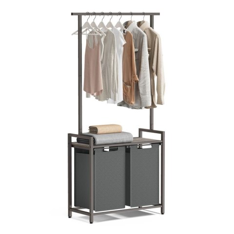 Kosz na pranie 2 komory i wieszak Stojący loftowy kosz na pranie z 2 przegrodami po 46 L z półką na i drążkiem, oszczędność miej