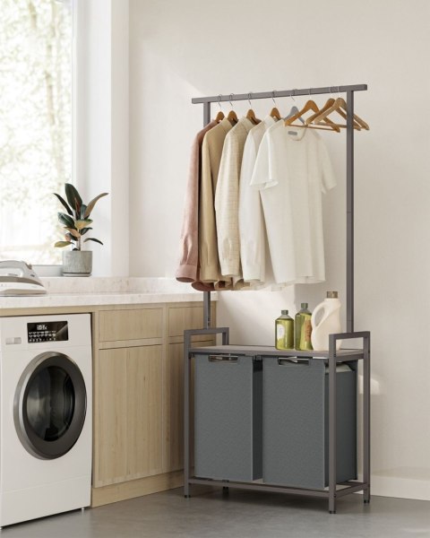 Kosz na pranie 2 komory i wieszak Stojący loftowy kosz na pranie z 2 przegrodami po 46 L z półką na i drążkiem, oszczędność miej