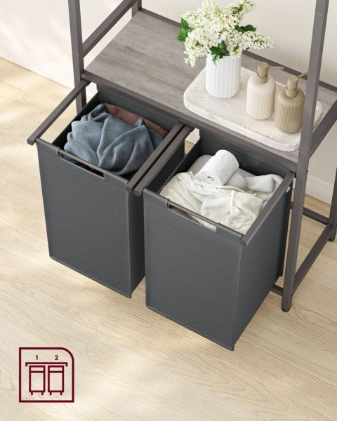 Kosz na pranie 2 komory i wieszak Stojący loftowy kosz na pranie z 2 przegrodami po 46 L z półką na i drążkiem, oszczędność miej