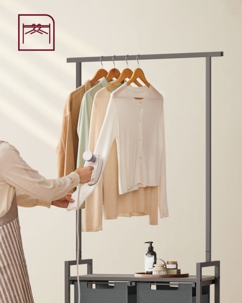 Kosz na pranie 2 komory i wieszak Stojący loftowy kosz na pranie z 2 przegrodami po 46 L z półką na i drążkiem, oszczędność miej