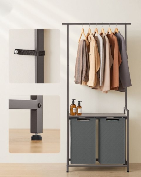 Kosz na pranie 2 komory i wieszak Stojący loftowy kosz na pranie z 2 przegrodami po 46 L z półką na i drążkiem, oszczędność miej