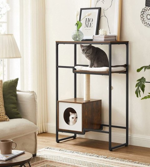 Loftowy solidny drapak dla kota 114 cm Stabilny drapak w białej i rustykalno brązowej kolorystyce wykonany ze stalowej konstruk