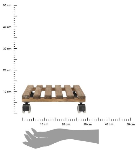 Wózek na donicę drewniany brąz 29x29 cm Stojak w formie wózka do przemieszczania ciężkich donic z kwiatami do wagi 100 kg, wypos