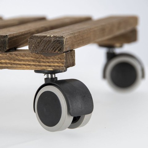 Wózek na donicę drewniany brąz 29x29 cm Stojak w formie wózka do przemieszczania ciężkich donic z kwiatami do wagi 100 kg, wypos