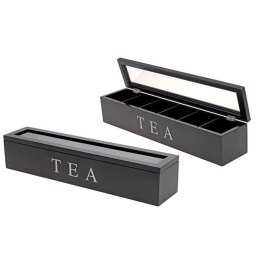 Pudełko na herbatę Tea Box, 6 przegródek Wykonane z drewna w kolorze czarnym, góra przeszklona, o wymiarze 43x9x8,5 cm