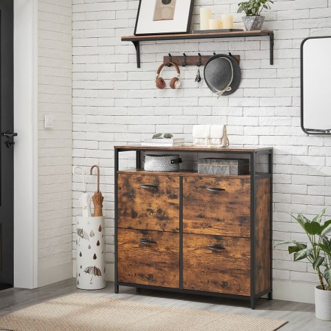 Szafka na buty z 4 uchylnymi drzwiami Rustykalna solidna szafka na buty z płyty MDF i stali z dodatkowymi przegrodami za drzwic