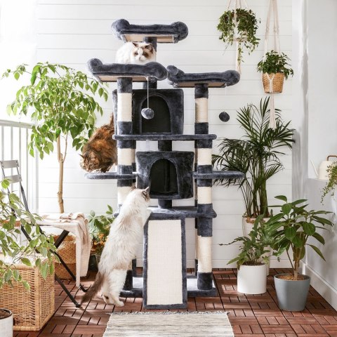 Wysoki drapak wieża 172 cm dymny szary Solidny drapak widokowy wieża wykonany z płyty MDF z 3 podwyższonymi platformami, 2 przyt