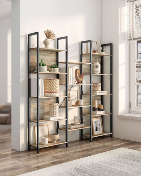 Podwójny regał na książki z 14 półkami Wszechstronny i solidny regał na książki wykonany ze stali w kolorze czarnym i płyty MDF 