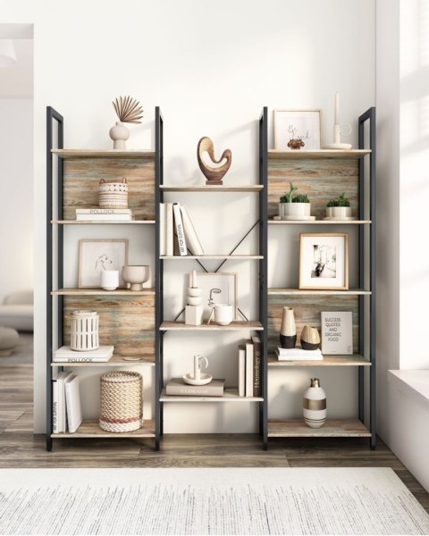 Podwójny regał na książki z 14 półkami Wszechstronny i solidny regał na książki wykonany ze stali w kolorze czarnym i płyty MDF 