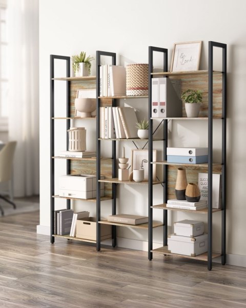 Podwójny regał na książki z 14 półkami Wszechstronny i solidny regał na książki wykonany ze stali w kolorze czarnym i płyty MDF 