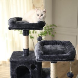 Drapak dla kota przydymiony szary Stabilny duży drapak dla kota z dwoma platformami, hamakiem, kryjówką i wiszącymi zabawkami d