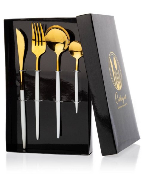 Komplet sztućców Lijo White 4 elem.Wykonany ze stali nierdzewnej w kolorze złotym. Komplet zawiera: nóż, widelec, łyżeczkę, łyżk