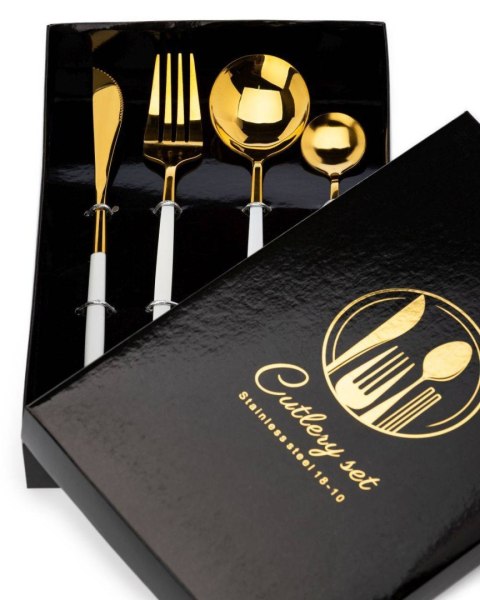 Komplet sztućców Lijo White 4 elem.Wykonany ze stali nierdzewnej w kolorze złotym. Komplet zawiera: nóż, widelec, łyżeczkę, łyżk