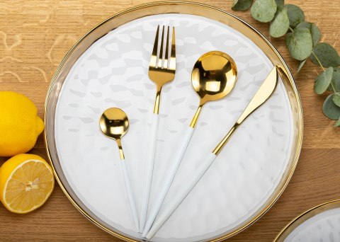 Komplet sztućców Lijo White 4 elem.Wykonany ze stali nierdzewnej w kolorze złotym. Komplet zawiera: nóż, widelec, łyżeczkę, łyżk