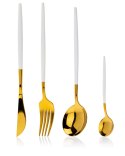 Komplet sztućców Lijo White 4 elem.Wykonany ze stali nierdzewnej w kolorze złotym. Komplet zawiera: nóż, widelec, łyżeczkę, łyżk