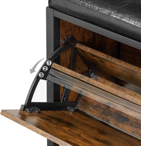 Ławka na buty z siedziskiem LOFT modernRegulowana szafka na buty w kolorze rustykalnego drewna, z pikowanym, czarnym siedziskiem