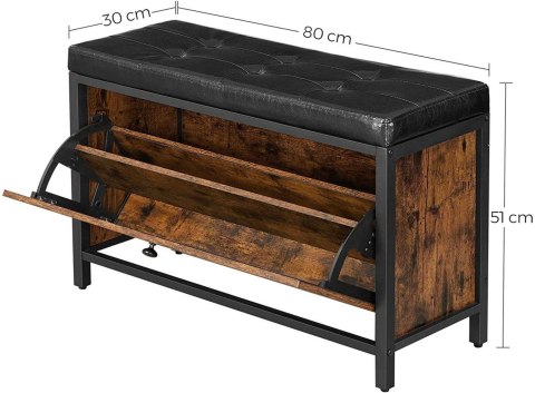Ławka na buty z siedziskiem LOFT modernRegulowana szafka na buty w kolorze rustykalnego drewna, z pikowanym, czarnym siedziskiem