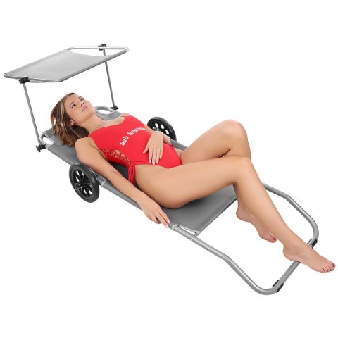 LEŻAK SKŁADANY PLAŻOWY Z DASZKIEM NA KÓŁKACH 116x62x62-90CM SZARY