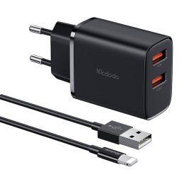 Ładowarka sieciowa Mcdodo CH-5071 USB-A*2, 12W + kabel USB-A do lightning (czarna)