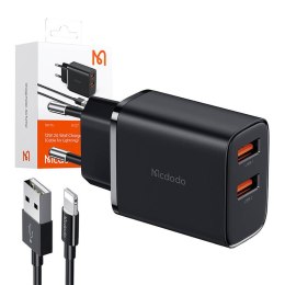 Ładowarka sieciowa Mcdodo CH-5071 USB-A*2, 12W + kabel USB-A do lightning (czarna)