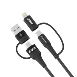 4w1 Uniwersalny kabel przewód 2x USB-C 1x USB-A 1x Lightning 60W 1m czarny