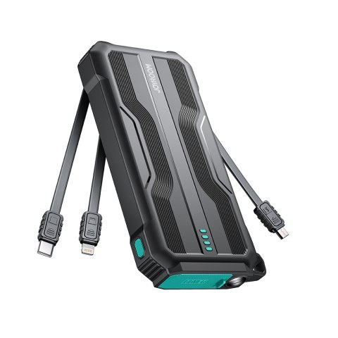 Pancerny powerbank 10000mAh outdoor z kablami USB-C microUSB Lightning i latarką - czarny