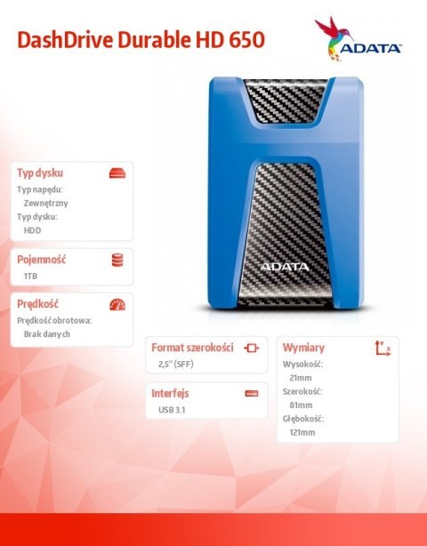 DashDrive Durable HD650 1TB 2.5'' USB3.1 Niebieski
