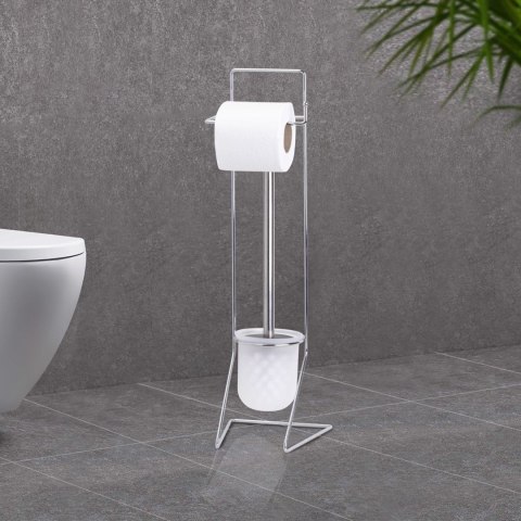 Stojak na papier ze szczotką OKY chrom Wykonany z metalu w kolorze srebrnym, zestaw 2w1 ze szczotką i uchwytem na papier toaleto