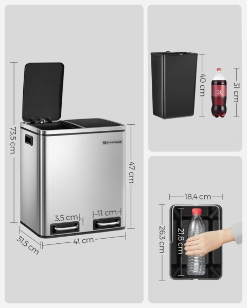 Srebrny kosz na śmieci 2 komory x 15 L