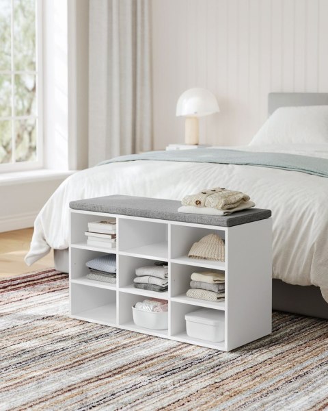Biała szafka na buty z siedziskiem 9 półek