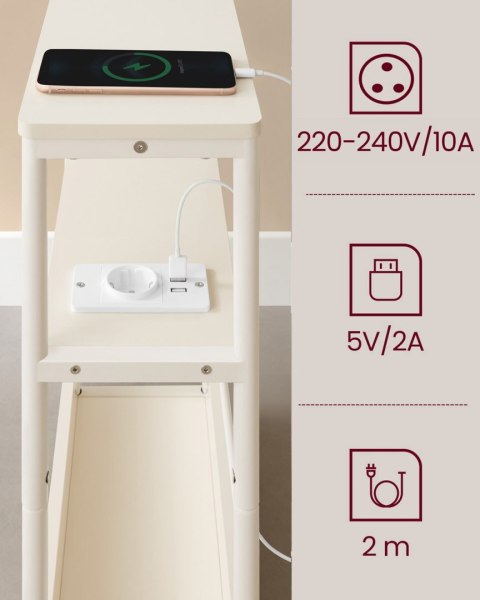 Wąski biały stolik boczny z listwą zasilającą