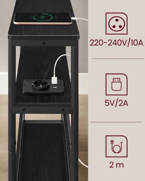 Wąski czarny stolik boczny z listwą zasilającą