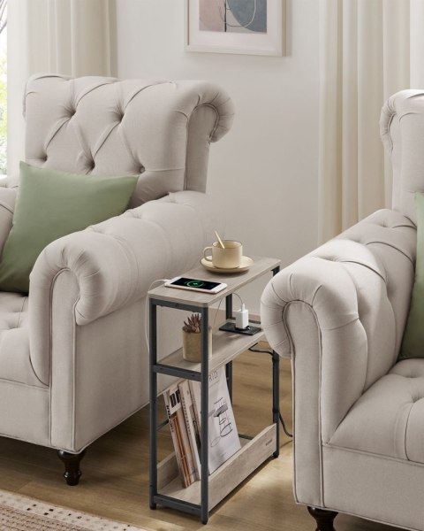 Wąski szary stolik boczny z listwą zasilającą