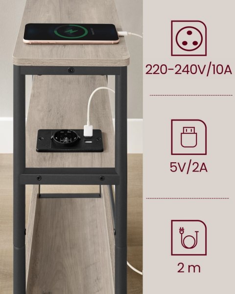 Wąski szary stolik boczny z listwą zasilającą