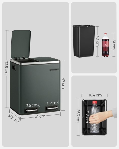 Kosz na śmieci 2 komory x 15 L szary