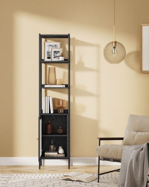 Czarny regał z transparentnymi drzwiczkami