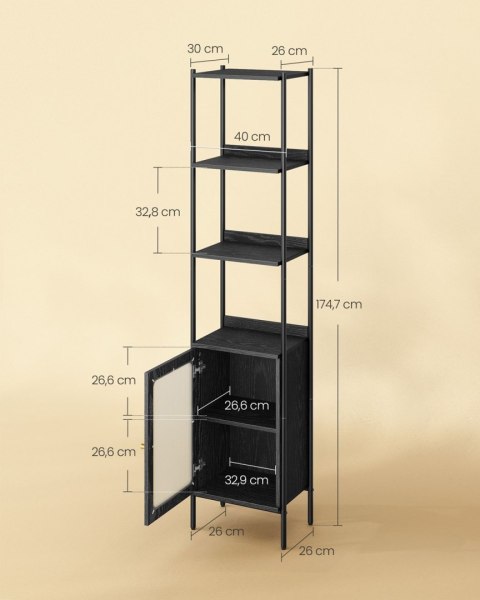 Czarny regał z transparentnymi drzwiczkami
