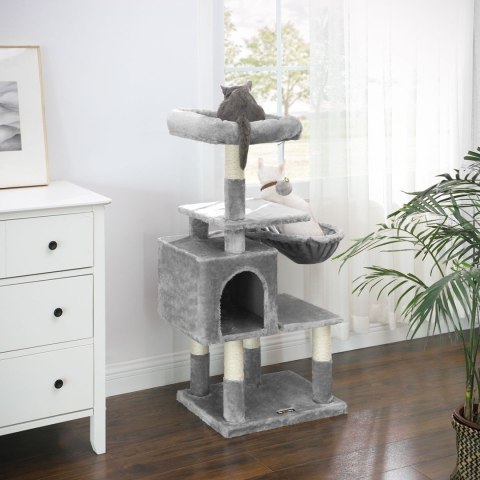 Jasnoszary drapak dla kota 110 cm Stabilny drapak wykonany z płyty MDF z podwyższoną platformą, koszem, przytulną jaskinią, pomp