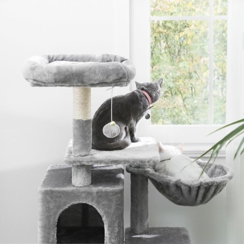 Jasnoszary drapak dla kota 110 cm Stabilny drapak wykonany z płyty MDF z podwyższoną platformą, koszem, przytulną jaskinią, pomp