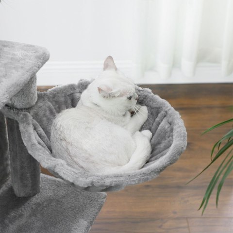 Jasnoszary drapak dla kota 110 cm Stabilny drapak wykonany z płyty MDF z podwyższoną platformą, koszem, przytulną jaskinią, pomp